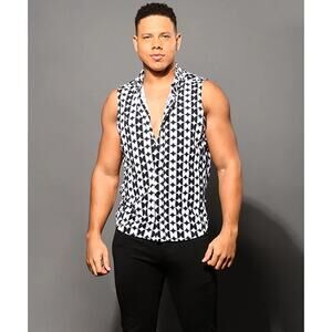 Andrew Christian Black/White Optical Sleeveless Muscle Shirt, Men's Size…